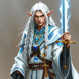 An elf with long white braids, depicted as a Dungeons & Dragons character