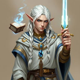 An elf with long white braids, depicted as a Dungeons & Dragons character