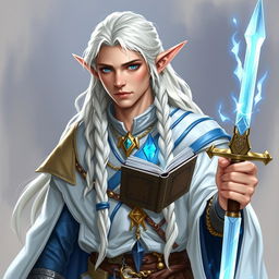 An elf with long white braids, depicted as a Dungeons & Dragons character