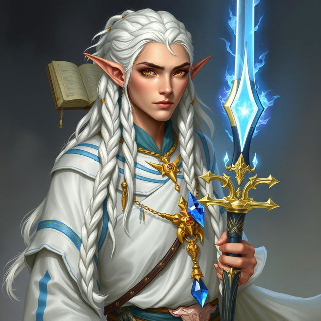 An elf with long white braids, depicted as a Dungeons & Dragons character