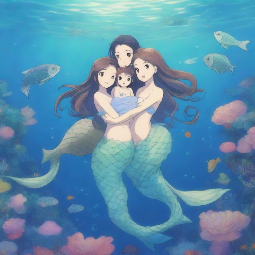 A beautiful and detailed scene featuring an anime mermaid family in an underwater kingdom