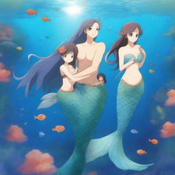 A beautiful and detailed scene featuring an anime mermaid family in an underwater kingdom