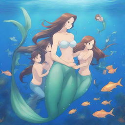 A beautiful and detailed scene featuring an anime mermaid family in an underwater kingdom