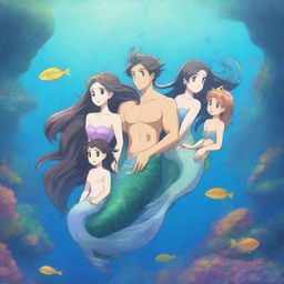 A beautiful and detailed scene featuring an anime mermaid family in an underwater kingdom