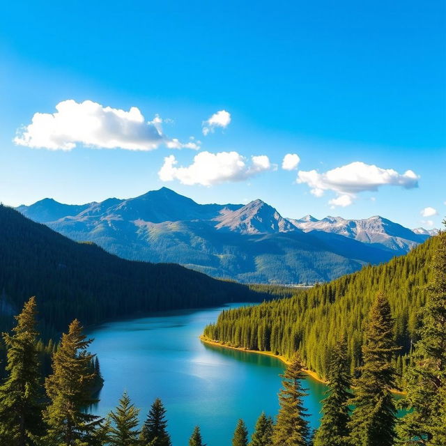 A beautiful landscape featuring a serene lake surrounded by lush green forests and majestic mountains in the background