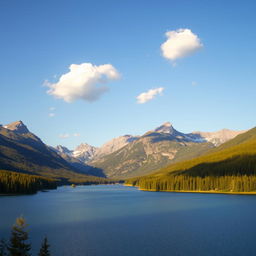 A beautiful landscape featuring a serene lake surrounded by lush green forests and majestic mountains in the background