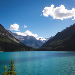 A beautiful landscape featuring a serene lake surrounded by lush green forests and majestic mountains in the background