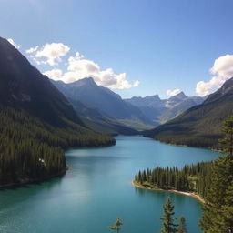 A beautiful landscape featuring a serene lake surrounded by lush green forests and majestic mountains in the background