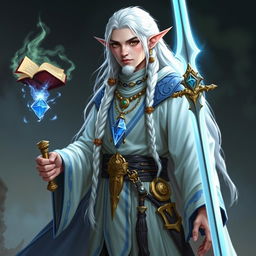 An elf with long white braids, depicted as a Dungeons & Dragons character