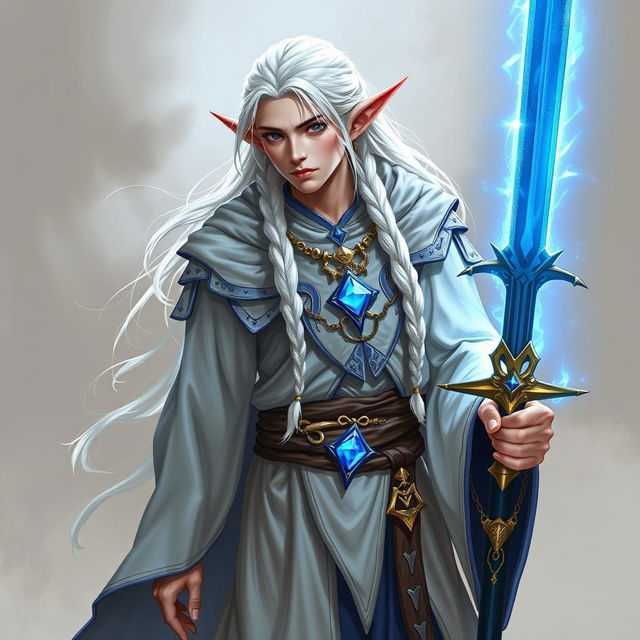 An elf with long white braids, depicted as a Dungeons & Dragons character