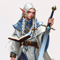 An elf with long white braids, depicted as a Dungeons & Dragons character