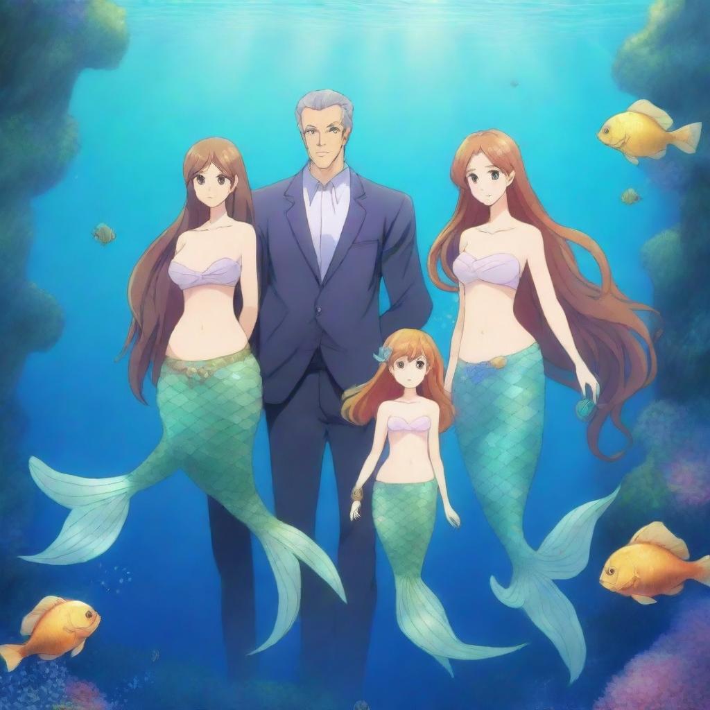 A stunning HD anime illustration of a mermaid family in an enchanting underwater kingdom