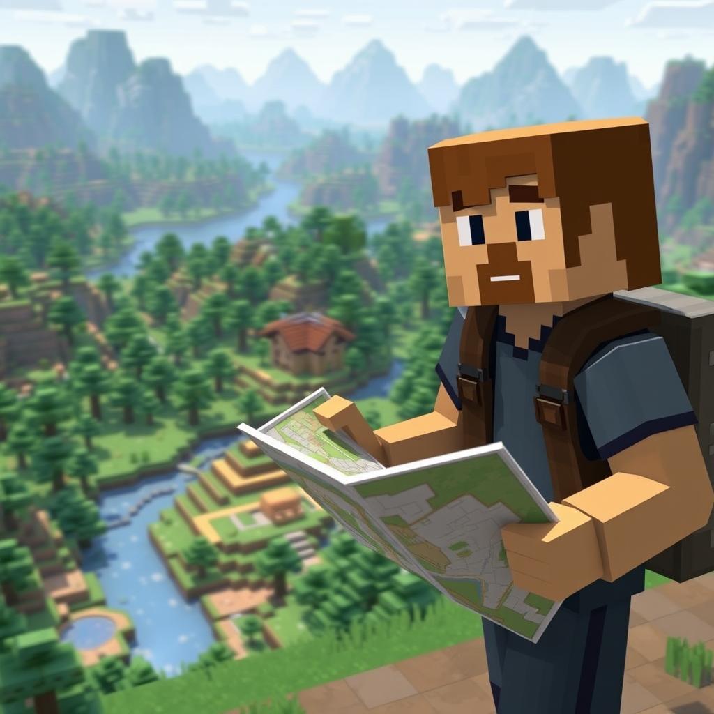 A character in the Minecraft universe searching for a plot of land to build a house