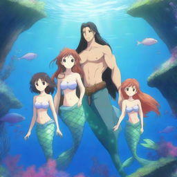 A stunning HD anime illustration of a mermaid family in an enchanting underwater kingdom