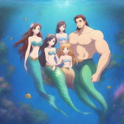 A stunning HD anime illustration of a mermaid family in an enchanting underwater kingdom