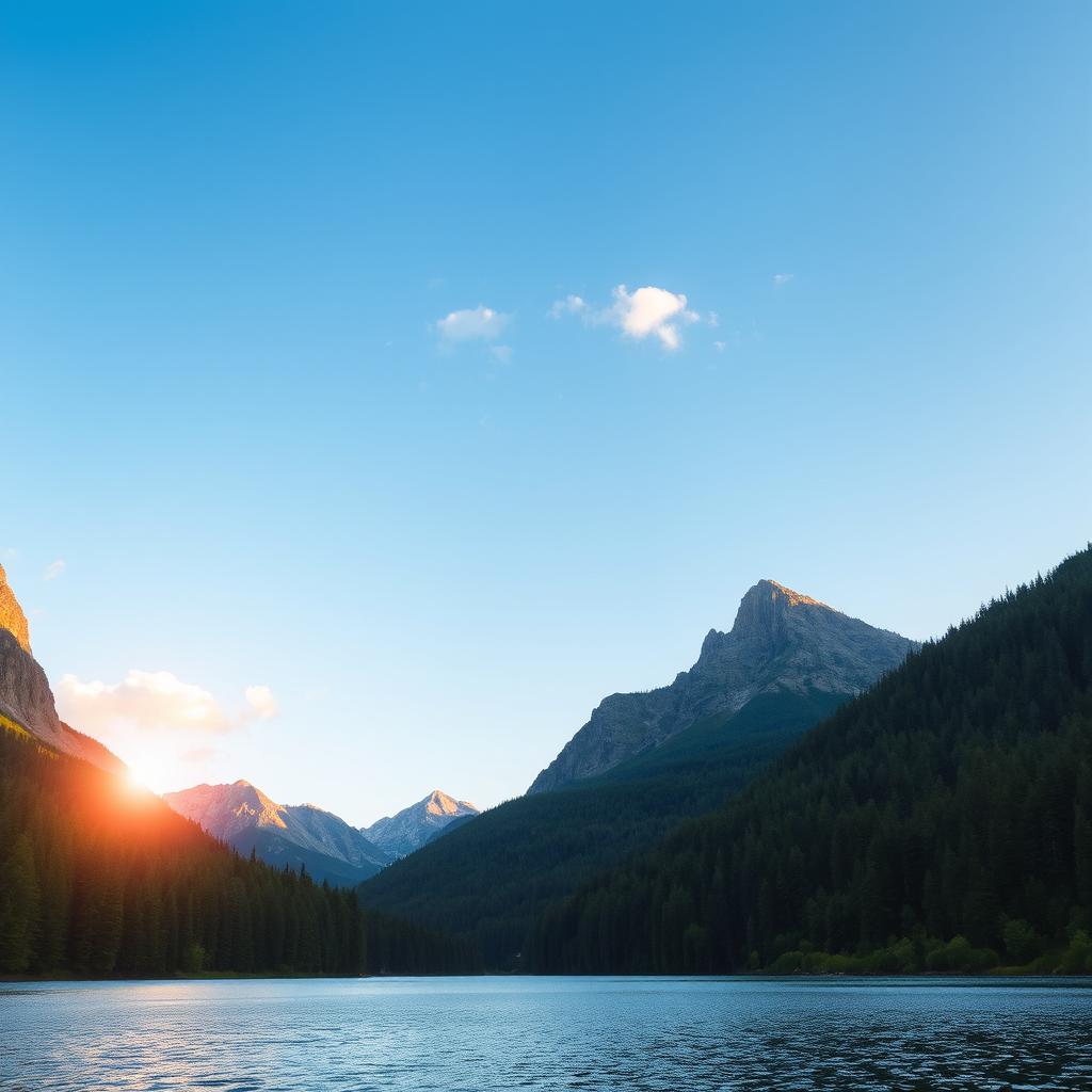 A beautiful landscape featuring a serene lake surrounded by lush green forests and towering mountains in the background