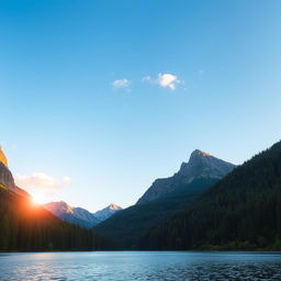 A beautiful landscape featuring a serene lake surrounded by lush green forests and towering mountains in the background