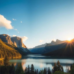 A beautiful landscape featuring a serene lake surrounded by lush green forests and towering mountains in the background