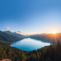 A beautiful landscape featuring a serene lake surrounded by lush green forests and towering mountains in the background