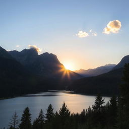 A beautiful landscape featuring a serene lake surrounded by lush green forests and towering mountains in the background