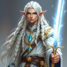 An elf with long white braids, depicted as a Dungeons & Dragons character