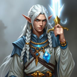 An elf with long white braids, depicted as a Dungeons & Dragons character