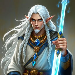 An elf with long white braids, depicted as a Dungeons & Dragons character