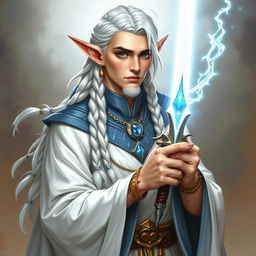 An elf with long white braids, depicted as a Dungeons & Dragons character