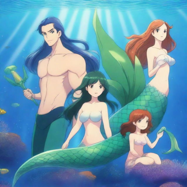 A stunning, high-definition anime illustration of a mermaid family in a vibrant underwater world