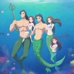 A stunning, high-definition anime illustration of a mermaid family in a vibrant underwater world