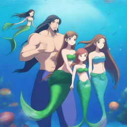 A stunning, high-definition anime illustration of a mermaid family in a vibrant underwater world