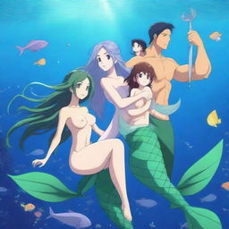 A stunning, high-definition anime illustration of a mermaid family in a vibrant underwater world