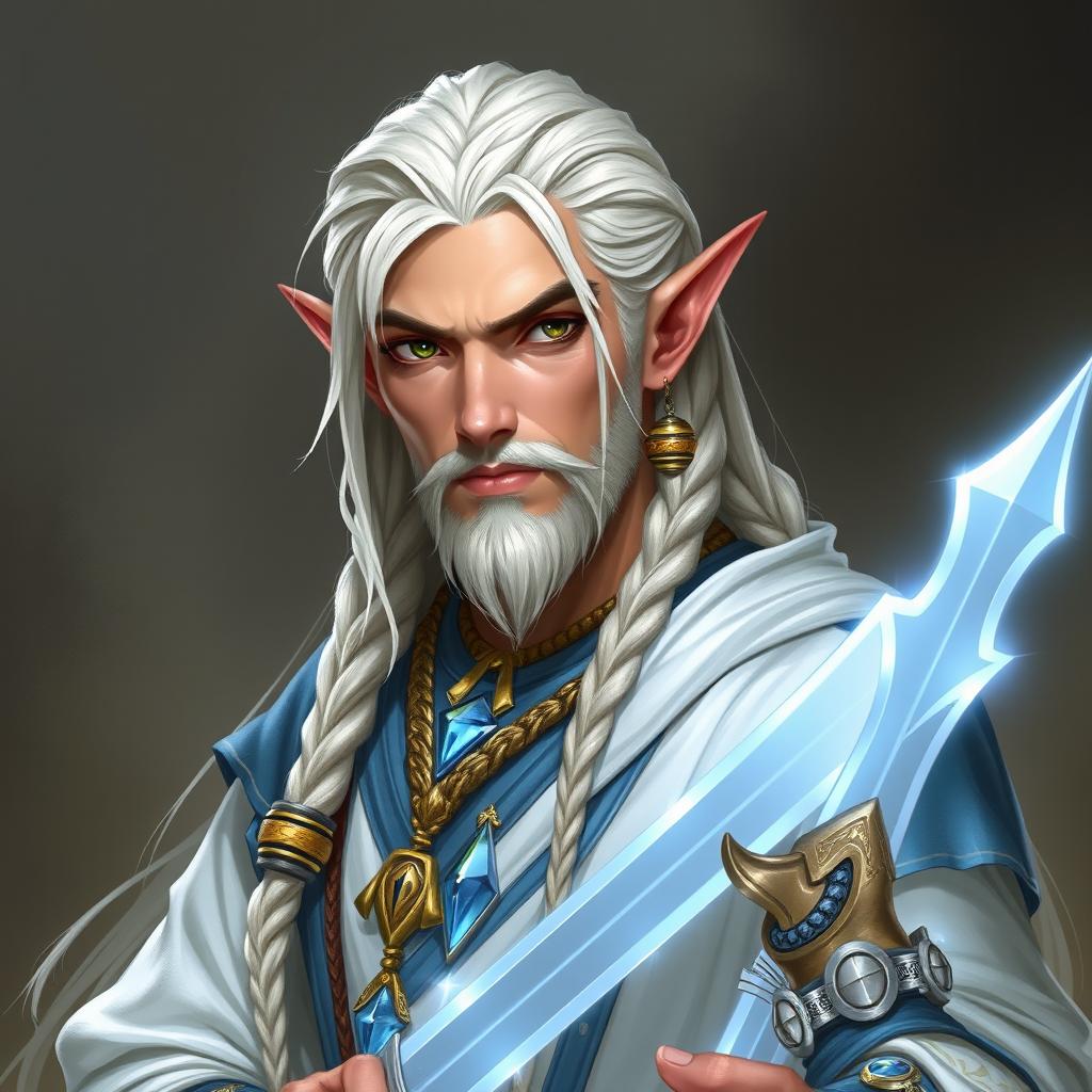 An elf with long white braids, depicted as a Dungeons & Dragons character