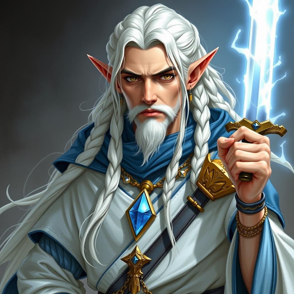 An elf with long white braids, depicted as a Dungeons & Dragons character