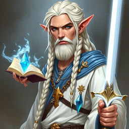 An elf with long white braids, depicted as a Dungeons & Dragons character