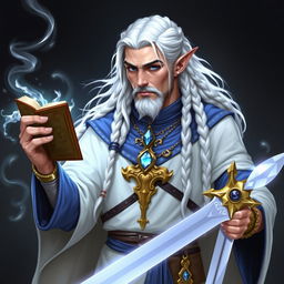 An elf with long white braids, depicted as a Dungeons & Dragons character