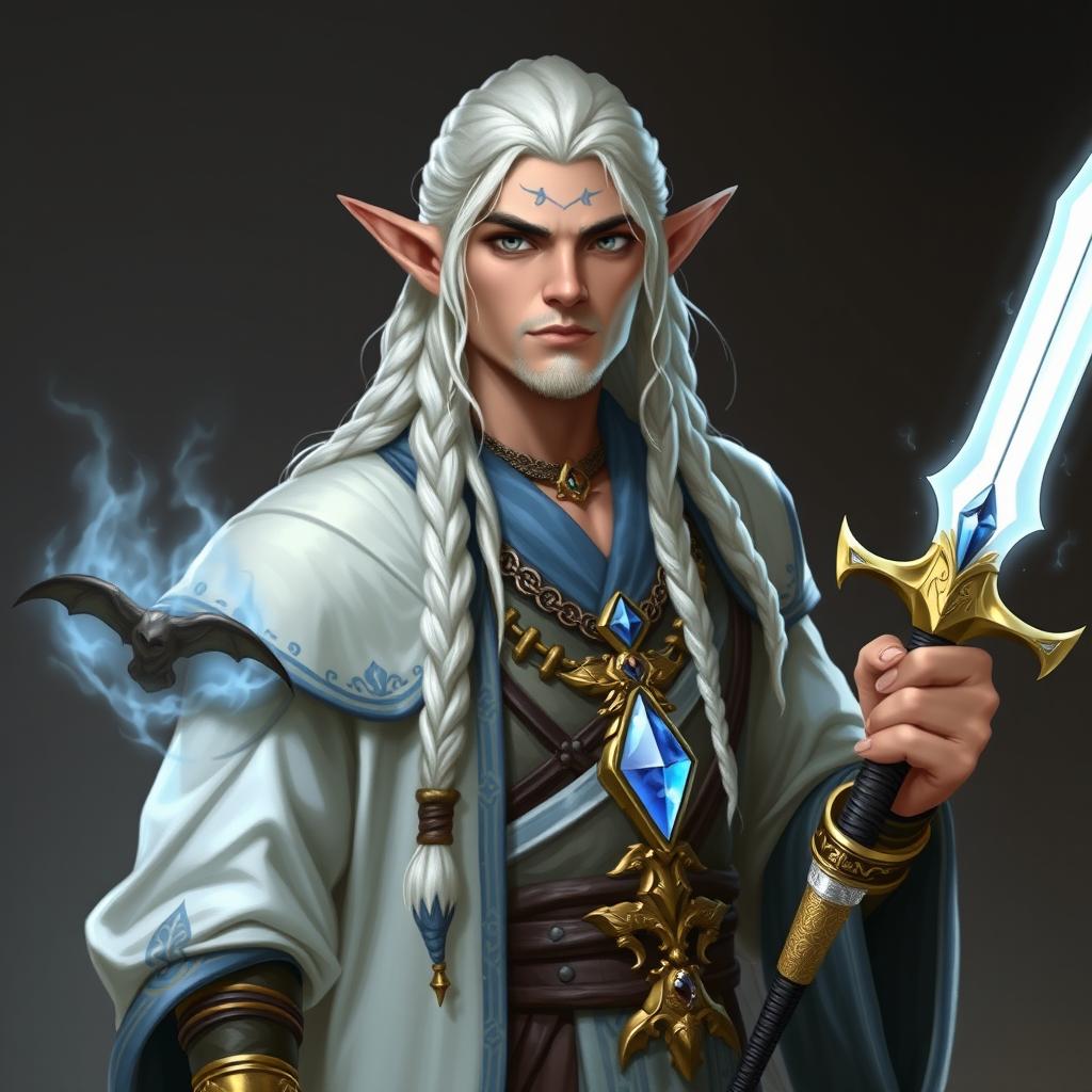 An elf with long white braids, depicted as a Dungeons & Dragons character