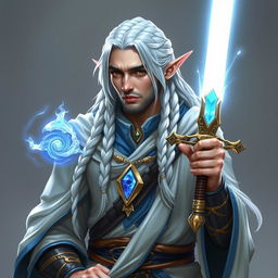 An elf with long white braids, depicted as a Dungeons & Dragons character