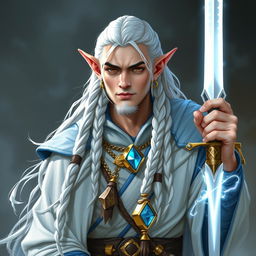 An elf with long white braids, depicted as a Dungeons & Dragons character