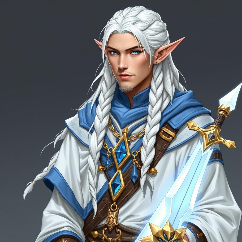 An elf with long white braids, depicted as a Dungeons & Dragons character