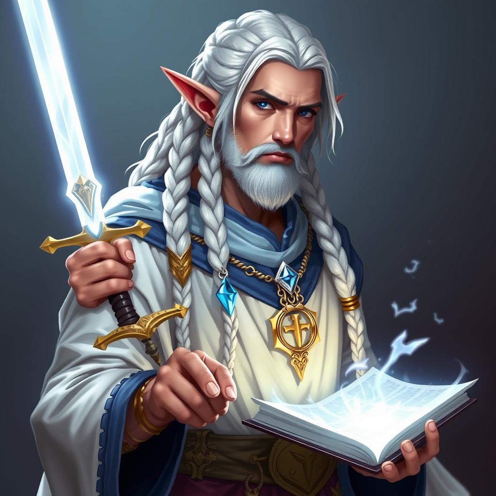 An elf with long white braids, depicted as a Dungeons & Dragons character