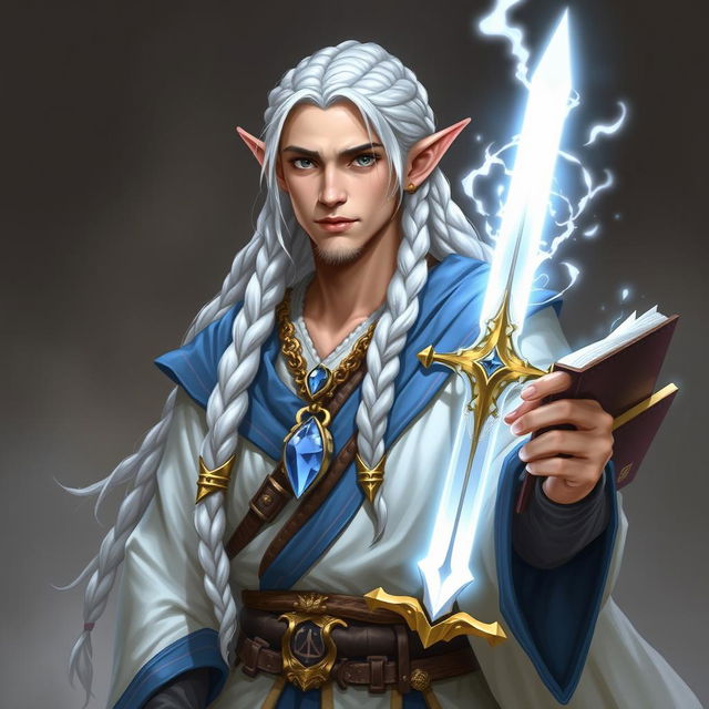 An elf with long white braids, depicted as a Dungeons & Dragons character