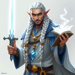 An elf with long white braids, depicted as a Dungeons & Dragons character