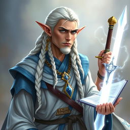 An elf with long white braids, depicted as a Dungeons & Dragons character