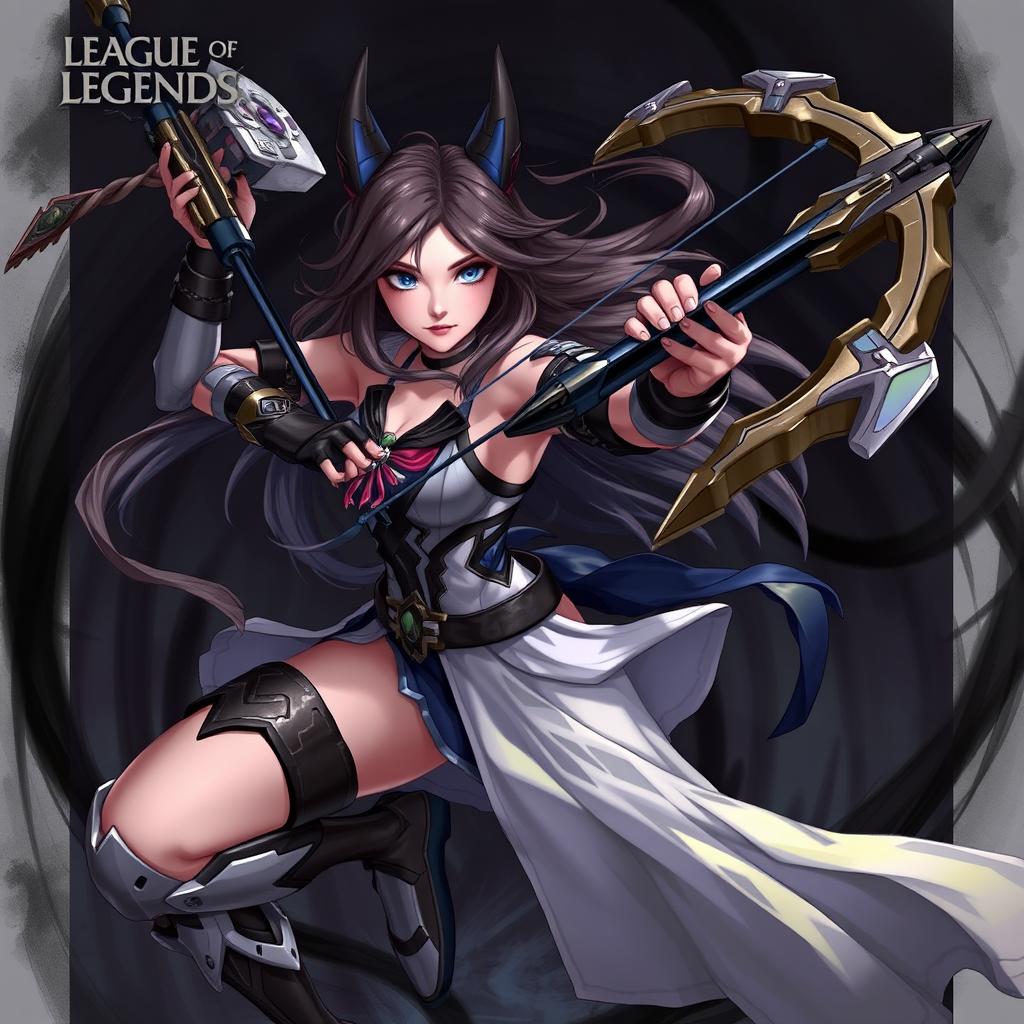 A detailed and dynamic illustration of Vayne from League of Legends, showcasing her in an action pose with her iconic crossbow