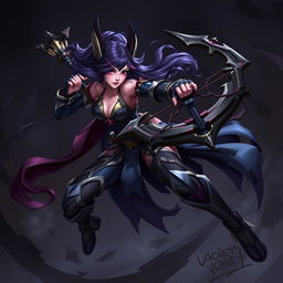 A detailed and dynamic illustration of Vayne from League of Legends, showcasing her in an action pose with her iconic crossbow