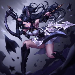 A detailed and dynamic illustration of Vayne from League of Legends, showcasing her in an action pose with her iconic crossbow