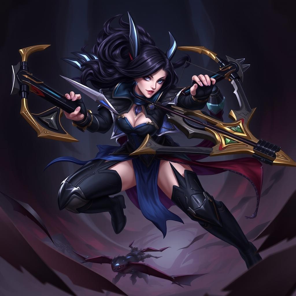 A detailed and dynamic illustration of Vayne from League of Legends, showcasing her in an action pose with her iconic crossbow