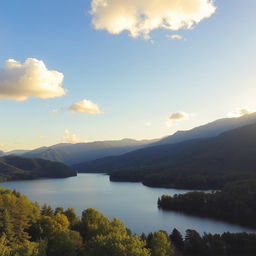 A beautiful landscape featuring a serene lake surrounded by lush green trees and mountains in the background