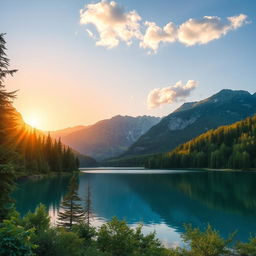 A beautiful landscape featuring a serene lake surrounded by lush green trees and mountains in the background